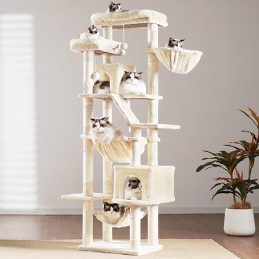Кігтеточка-кітчечка Heybly HCT034W, 180 см, бежева: 2 платформи, 2 будиночки, 2 гамаки, кошик, кігтедряпання