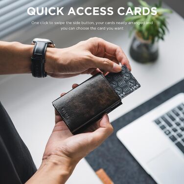 Портмоне для карток VULKIT RFID з захистом, з натуральної шкіри, з відділенням для грошей, віконцем для посвідчення та відділенням для монет, на магнітній застібці (Industrial Metallique Texture, Чорний)