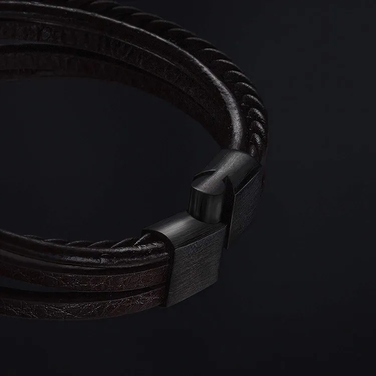 Чоловічий шкіряний браслет Lecerto, чорний, регульований (22 см) з гравіюванням