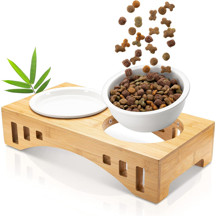Миска для котів та тварин з бамбукового каркасу, подвійна керамічна миска 400 мл, для кошенят, собак, тварин