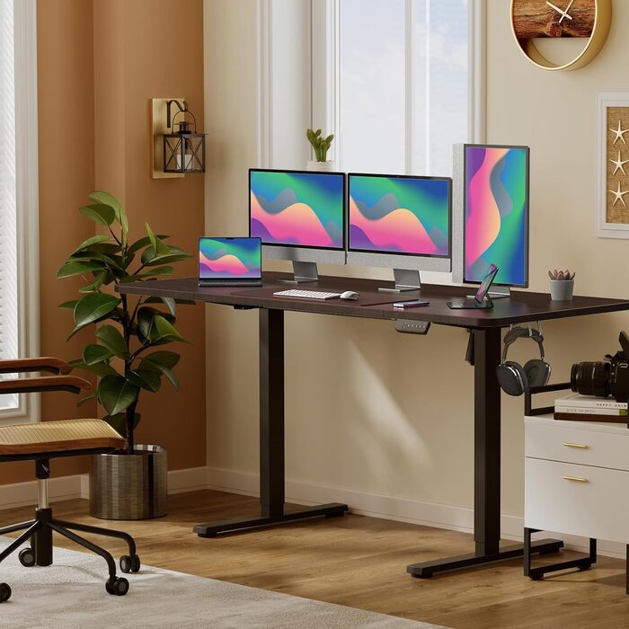 VOSATRON Electric Standing Desk 160x60cm - Height Adjustable Desk with Memory Control & Anti-Collision Technology, Wheels, Joining Board, Black Frame/Black Tabletop