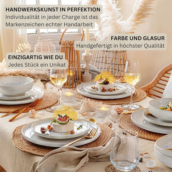 Набір посуду SÄNGER Korfu 24 елементи: сервіз на 8 осіб, керамічний посуд ручної роботи, тарілки (великі, десертні, глибокі), кремовий колір з пісочною текстурою