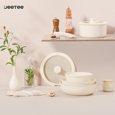 Набір посуду JEETEE 20 предметів з антипригарним покриттям та знімними ручками, для індукційних плит, штабельований, для дому та кемпінгу, жароміцний