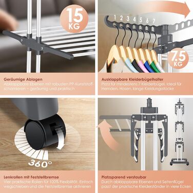 Кюссер® Сушилка для білизни з колесами - Турбо-модель, 4 яруси, 2 обертові крила, 6 склавних секцій, білий/антрацитовий