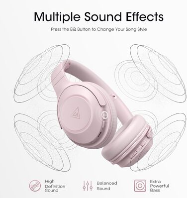 DOQAUS Бездротові навушники Bluetooth, 70 годин роботи, Bluetooth 5.3, Over-Ear, 3 режими EQ, HiFi стерео, з мікрофоном, складні, з м'якими амбушурами, рожеві
