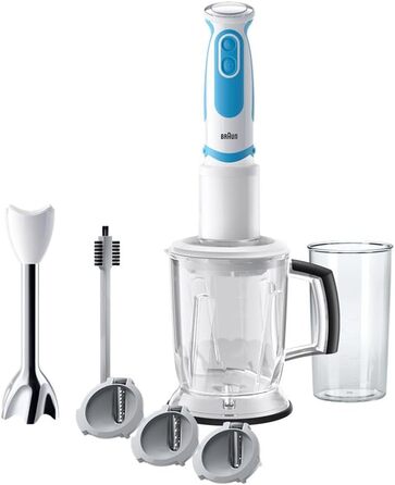 Блендер Braun MultiQuick 5 Vario MQ5260, 1000 Вт, з нержавіючою насадкою, спіралезрізувачем та аксесуарами, білий/синій