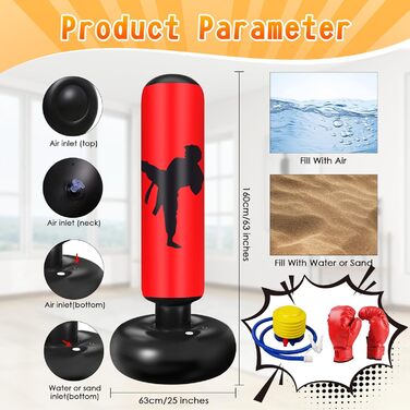 Боксерський мішок для дітей Ninonly з рукавичками та насосом. Ідеально для дому, вулиці, спортзалу від 6 років. Червоний.