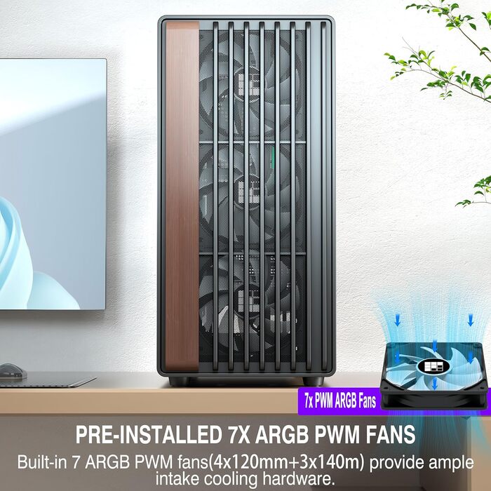 Корпус для ПК FOIFKIN з дерев'яною передньою панеллю з горіха, 4 PWM ARGB вентилятори, ATX Mid-Tower, USB Type-C, M.2, чорний