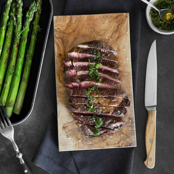 SPRINGLANE Steak Knife Set, 4 Pieces with Elegant Olive Wood Handles, Cutlery Set with Wooden Handles, 12.5 cm Blade Length Made of German Steel, including Gift Box