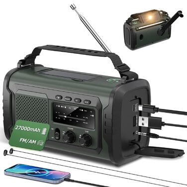 Радіо на сонячній батареї та ручному приводі 27000mAh з Bluetooth, FM/AM, SOS сигналом, динаміком та підключенням для навушників (Зелений)