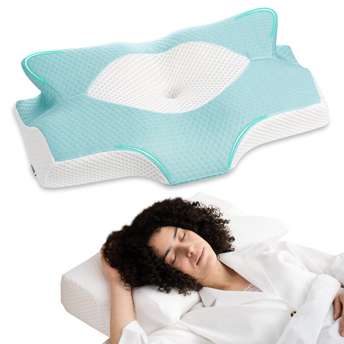 Ортопедична подушка Elviros Memory Foam, ергономічна подушка для шиї, для тих, хто спить на боці, спині та животі, знімний чохол, 64x(11,5/13)x40 см (Блакитний/Зелений)