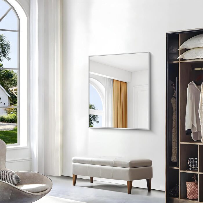Дзеркало для ванної кімнати BONEWEI, 61 x 121,9 см, прямокутне, настінне, з рамою, косметичне, з заокругленими кутами, для спальні, вітальні, передпокою, горизонтальне (срібне прямокутне, 90x75 см)
