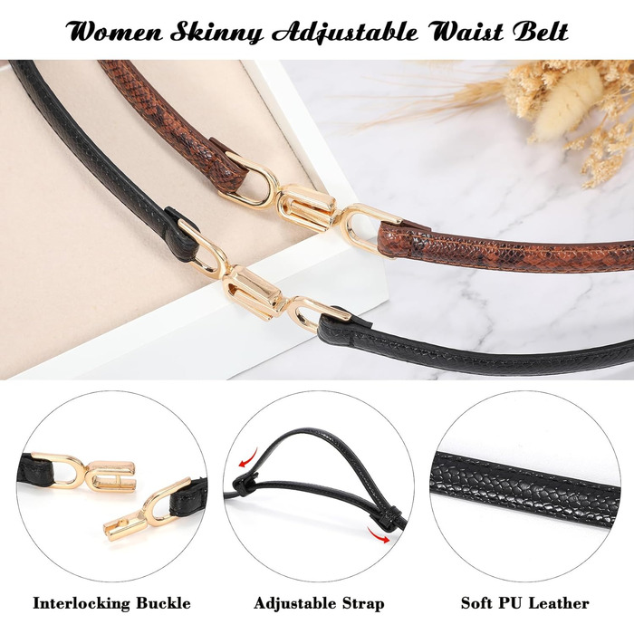 Жіночий тонкий шкіряний ремінь WHIPPY 2 шт. з золотою пряжкою, 105 см, для талії до 95 см (чорний+коричневий, шкіра змії, 8057)