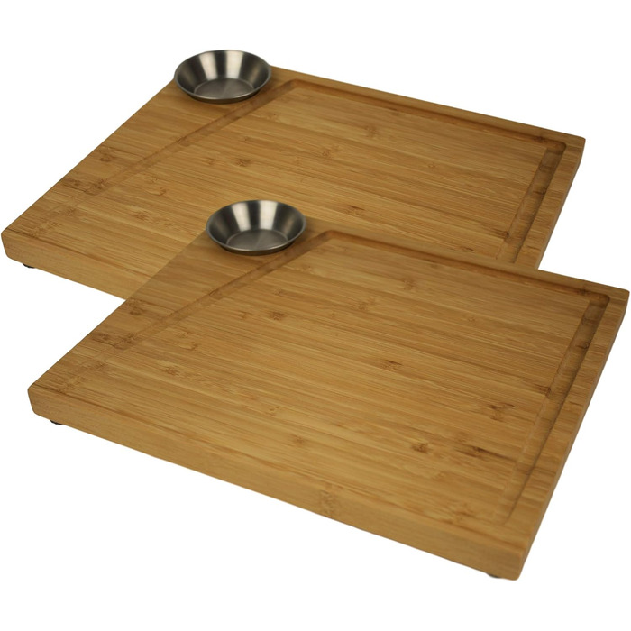 Bamboo Steak Board 2-Piece Set with Stainless Steel Sauce Containers and Juice Groove, Professional Wooden Serving Board for Meat, with 4 Non-Slip Feet, Dimensions: 30 x 25 x 3 cm
