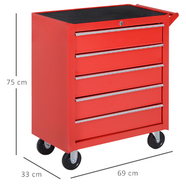 DURHAND Tool Trolley with Wheels, Tool Chest with 5 Drawers, Lockable Utility Cart with EVA Mat, Mobile Assembly Cart, Max. Load Capacity 150 kg, Steel, Red | Aosom