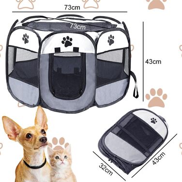 Клітка-забіг для цуценят та собак, складана, сіра, 73x73x43 см. Підходить для собак, цуценят, кроликів, морських свинок та котів.