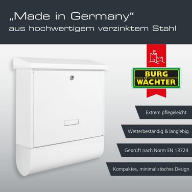 Поштовий ящик Burg-Wächter AMZ 2500 NI з газетницею та табличкою для імені, нержавіюча сталь, формат DIN C4, 2 ключі, білий