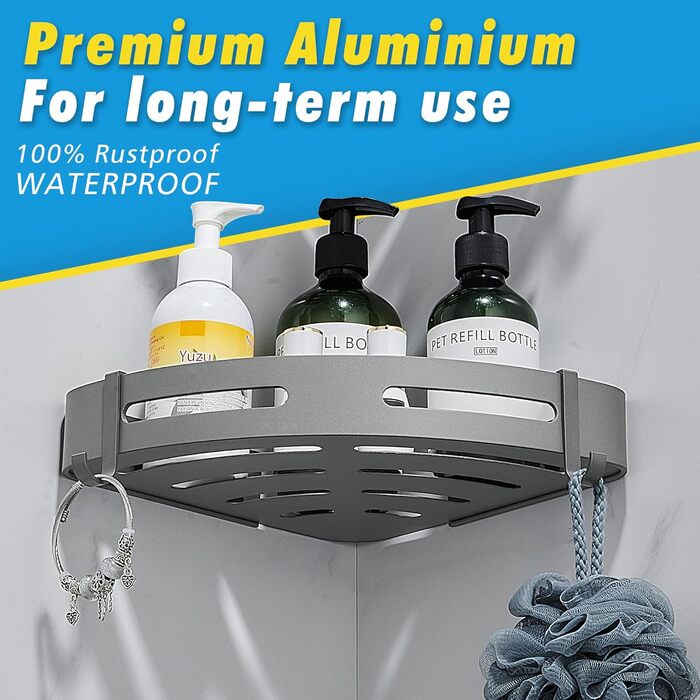 GERUIKE Shower Shelf Shower Caddy Corner No Drilling Shower Basket Wall Mount Adhesive Pad Gray Matte Aluminum 2 Pack Shower Gel Shampoo Holder Corner Shelf Corner Rack for Shower Bathroom Kitchen