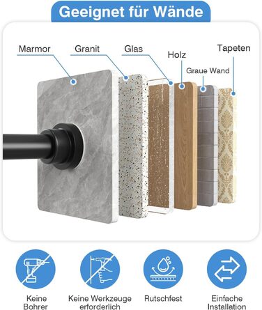 Телескопічна штанга для карнизи/душової завіси, чорна, 79-195 см. Кріплення без свердління. Телескопічна штанга для карнизи/душової завіси.