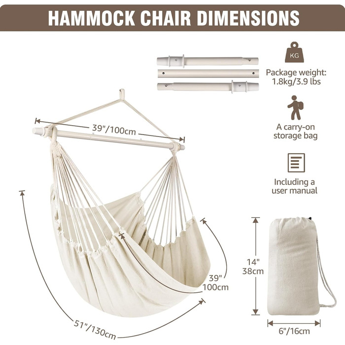 Chihee Hanging Chair Rocking Chair Hammock Chair Large Hanging Seat Patio Lawn Relaxing Cotton Fabric for High Comfort and Durability Perfect for Indoor/Outdoor Use Bedroom Terrace Yard Garden (Cream White)