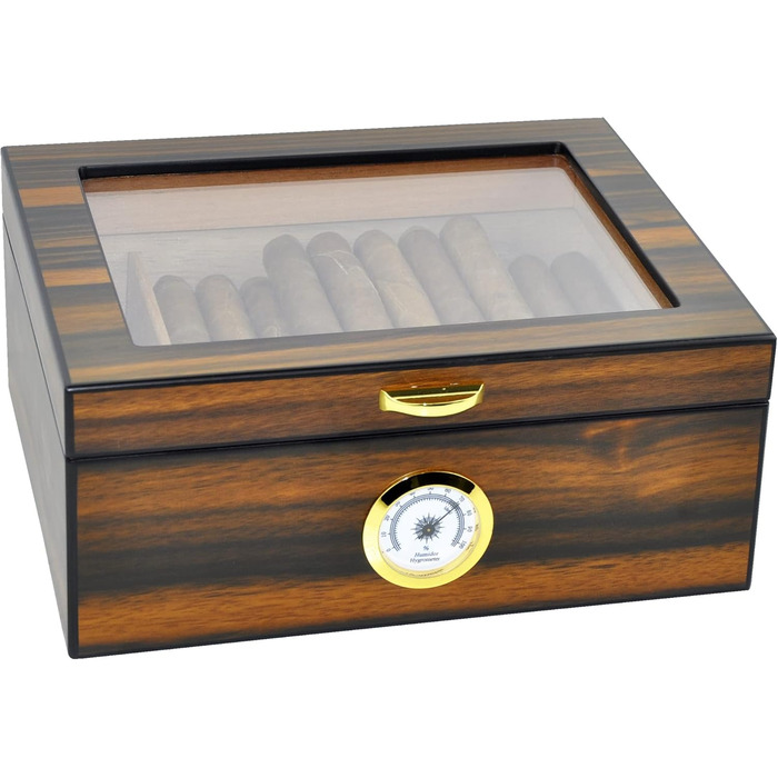 Вологозбережувач для сигар Eitida на 25-50 сигар з дисплеєм з загартованого скла, ручної роботи, з іспанського червоного кедру з перегородкою, зволожувачем та гігрометром, чорний ебоніт (Сантос Палісандр)