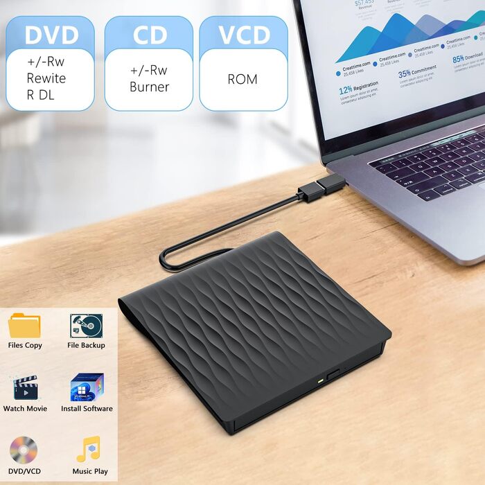 Зовнішній DVD/CD привід USB 3.0 та Type-C, DVD-брунер +/-RW для ноутбука та ПК, сумісний з Windows 11/10/8/7, MacOS, Linux, чорний