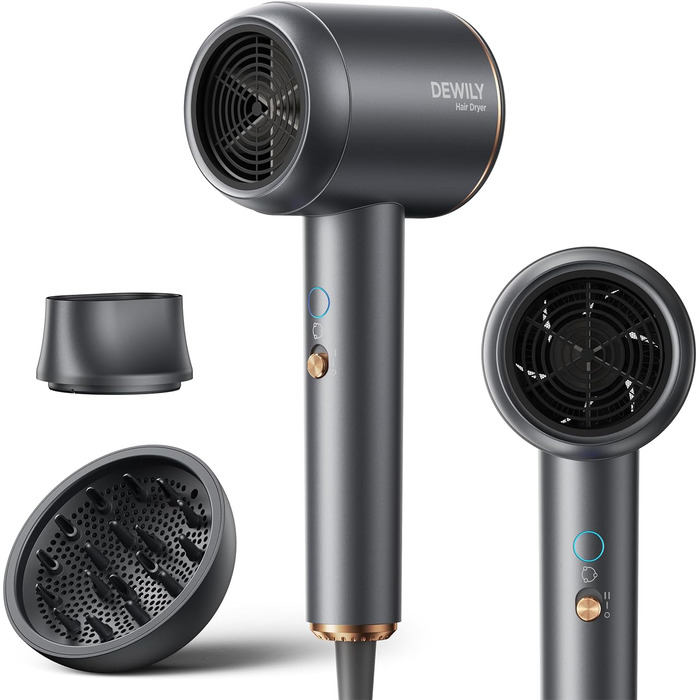 Складаний фен DEWILY Profi: потужний, тихий, для подорожей, сірий. 3 режими нагріву, 1 насадка.
