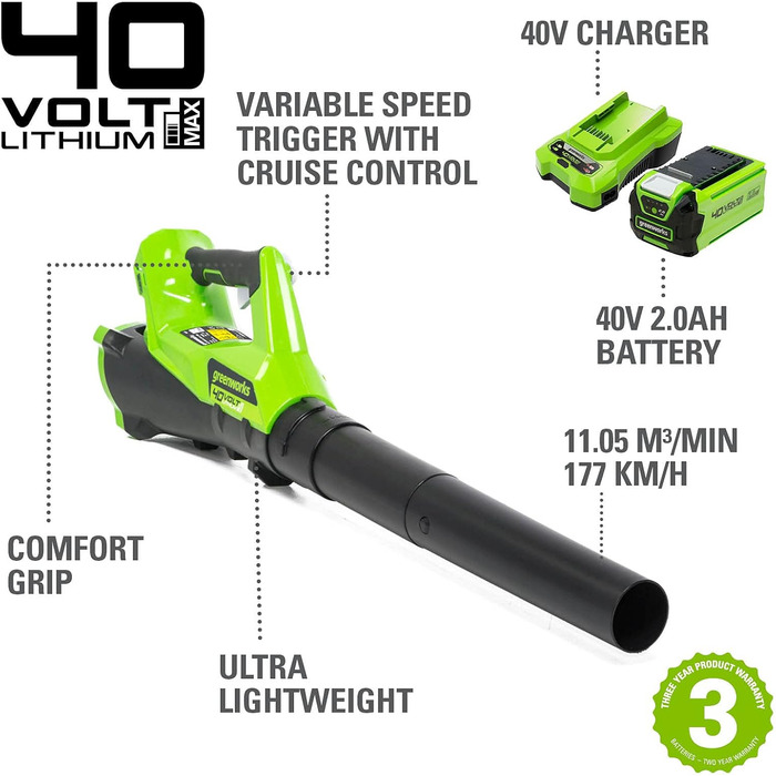 Акумуляторний повітродув Greenworks G40ABK2 з круїз-контролем, швидкість 177 км/год, потік 11,05 м³/хв, 40В 2Аг батарея та зарядний пристрій, гарантія 3 роки