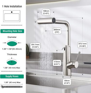 Змішувач для кухні CREA Wasserfall з висувною лійкою, нержавіюча сталь, з дозатором мила, поворотний на 360°, 4 режими струменя, водоспадний ефект
