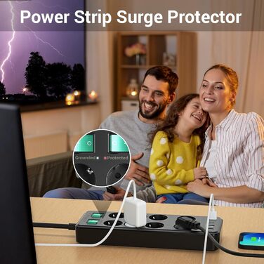 Мережевий фільтр 8 розеток з USB C, USB A, захистом від перенапруги, адаптер розеток, з двома вимикачами, кабель 1.5м, чорний