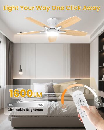 106 см стельовий вентилятор з підсвічуванням та двосторонніми лопатями, тихий вентилятор з LED-лампою та пультом дистанційного керування для спальні/вітальні, DC мотор, колір - світле дерево