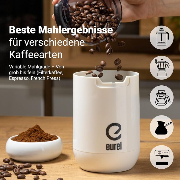Електрична кавомолка EUREL KMA з нержавіючою сталею, змінний помел, 45г, білий колір