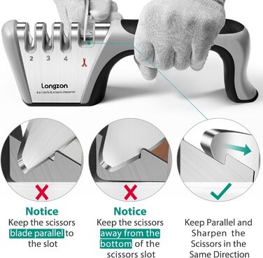 Точилка для ножів Longzon з 4 ступенями, ручна, з антипорізковими рукавичками. Для грубого та тонкого заточування ножів та ножиць. Діамантове та керамічне лезо.