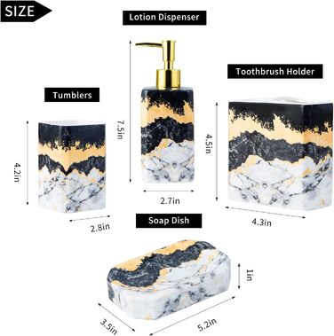 Набір аксесуарів для ванної кімнати (4 шт) – білий набір з дозатором для лосьйону, тримачем для зубних щіток, склянкою та мильницею – блискуча поверхня (мармур, білий) (чорний, білий)
