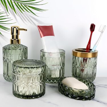 Набір аксесуарів для ванної кімнати NZZVNZ, 5 шт. - зелене скло, набір мильниць, дозатор мила, тримач для зубних щіток, контейнер для ватних паличок, склянка, декор для ванної кімнати, вінтажний подарунок