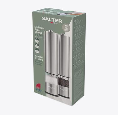 Електричні соляна та перецева млини Salter 7522 SSTUR15UP з нержавіючої сталі, прозорий акриловий корпус, регульований ступінь помелу, One-Touch, вбудоване світло, поворотний замок, зручні для людей з артритом