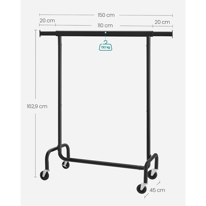 SONGMICS Clothes Rack with Wheels, Clothes Rail, Heavy-Duty, Extendable Clothes Rod, Load Capacity up to 110 kg, 45 x (160-200) x 162.9 cm, Metal, Chrome, HSR176E01 ((110-150)B cm, Matte Black)