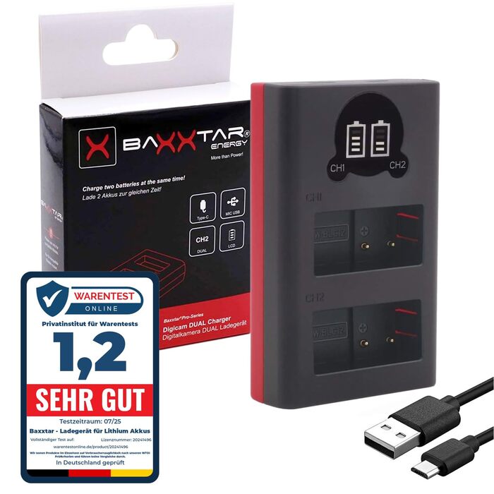 Зарядний пристрій Baxxtar DMW-BLC12 для акумуляторів BP-DC12 з LCD дисплеєм, USB-C/Micro-USB