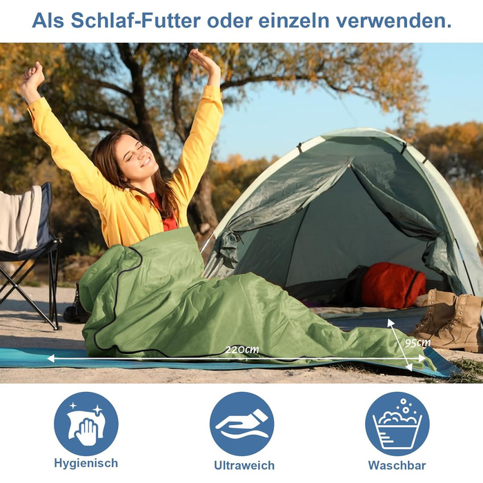 Спальний мішок для кемпінгу 2в1, мікрофібра, 220x95 см, зелений