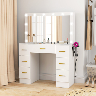 HOMCOM Vanity Table with Mirror and 12 LED Lights - Dressing Table with 7 Drawers, 6 Hidden Storage Compartments, Particleboard, White