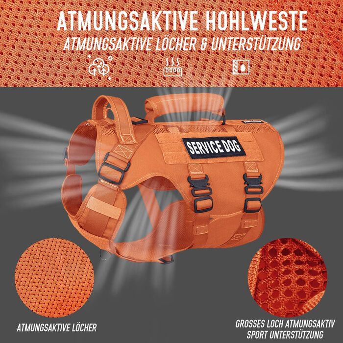 Тактичне нашийник для собак, підйомне спорядження для середніх та великих собак, Air Mesh регульований нашийник для службових собак з металевою застібкою 39g для тренувань та прогулянок (Помаранчевий, M(Окружність шиї: 36-53см, Окружність грудей: 56-74см)