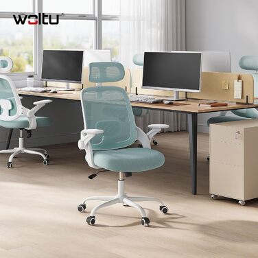 Крісло офісне WOLTU ергономічне з регульованою підголовником та підтримкою попереку, функцією гойдання, для офісу, витримує 150 кг (Блакитне)