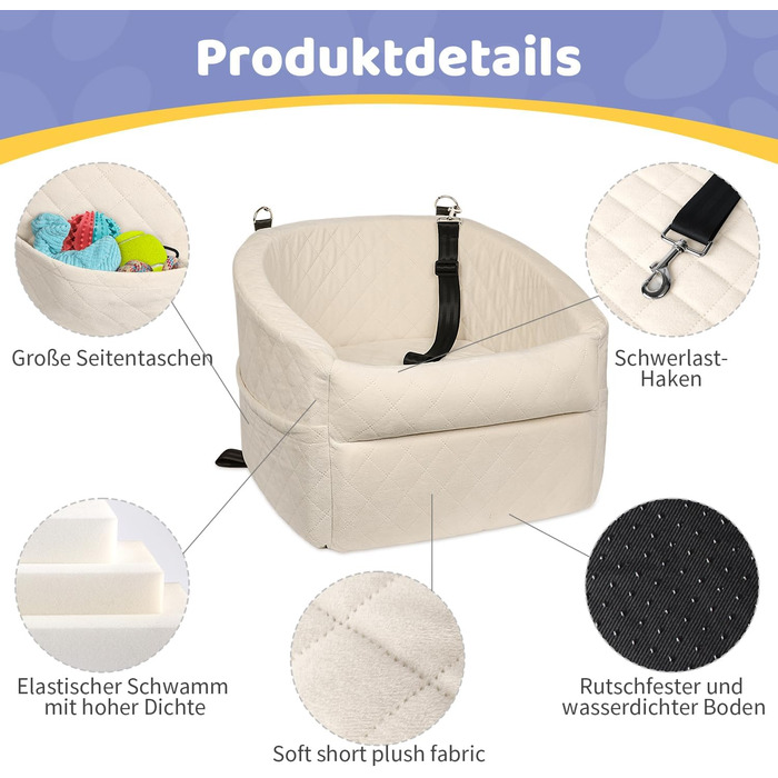 Автокрісло для собак GL GLENSLAVE: зручне та безпечне автокрісло для маленьких собак з підкладкою та сумкою для зберігання (Бежевий)