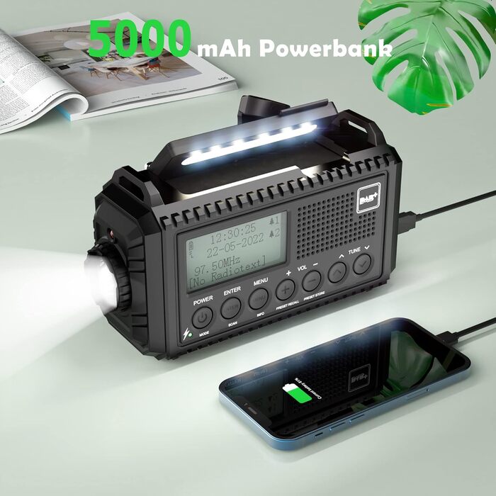 Радіоприймач DAB+/DAB/UKW з акумулятором 5000mAh, радіо для надзвичайних ситуацій з ліхтариком та світлодіодом для читання, портативне кемпінгове радіо з USB-зарядкою для мобільного телефону, FM, динамо, SOS-сигнал для походів, відпочинку на природі (Раді