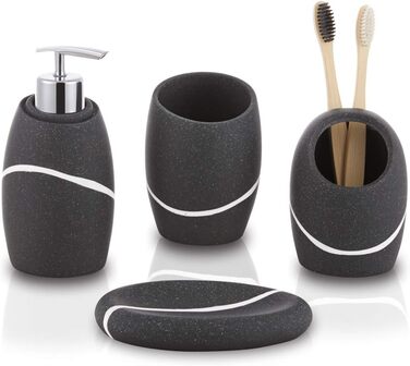 ZCCZ Bathroom Set – 4-Piece Organizer Set with Toothbrush Holder, Soap Dispenser, Cosmetic Dish, and Cotton Swabs – Elegant Stone-Look Decor, Black for Modern Bathroom