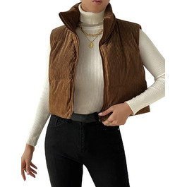 Жіноча жилетка Gihuo з наповнювачем Cord, кроп-силует, комір-стійка, на блискавці, без рукавів, коричнева