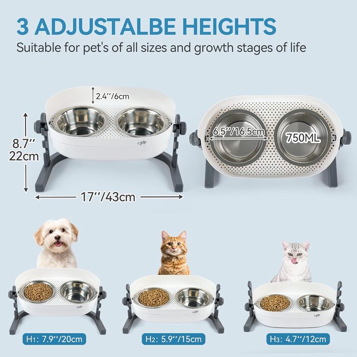 Підвищений годівниця для котів ALL FOR PAWS - 3-рівневий регульований підставка для мисок з 2 мисками з нержавіючої сталі (350 мл кожна), антиковзаюча та захищена від розливання, для кошенят, середніх та великих котів (56*30*20 см)