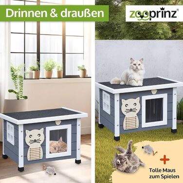 Преміум котячий будиночок Zooprinz з дерева – котяча кістка з дахом, що відкривається, вікном та створками – сизаль на котячому боксі – стійкий до погодних умов для саду/балкону – внутрішній та зовнішній притулок (сірий-білий, стандарт)
