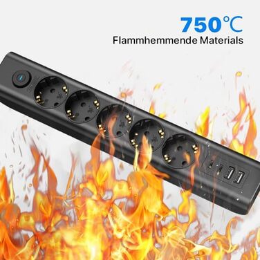 Мережевий фільтр Steckdose 8 в 1 з USB, 3680W, з вимикачем, 16A, 2 USB-C, для смартфонів, ноутбуків, iPad, 1.8M кабель, білий (чорний 5AC)