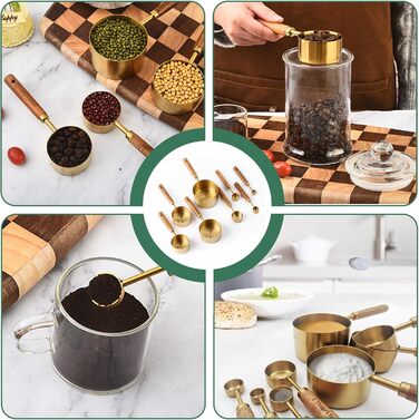 Набір мірних стаканів та ложок з нержавіючої сталі золотого кольору з дерев'яною ручкою, 8 шт. - для вимірювання сухих та рідких інгредієнтів (60мл - 250мл), для кухні та випічки